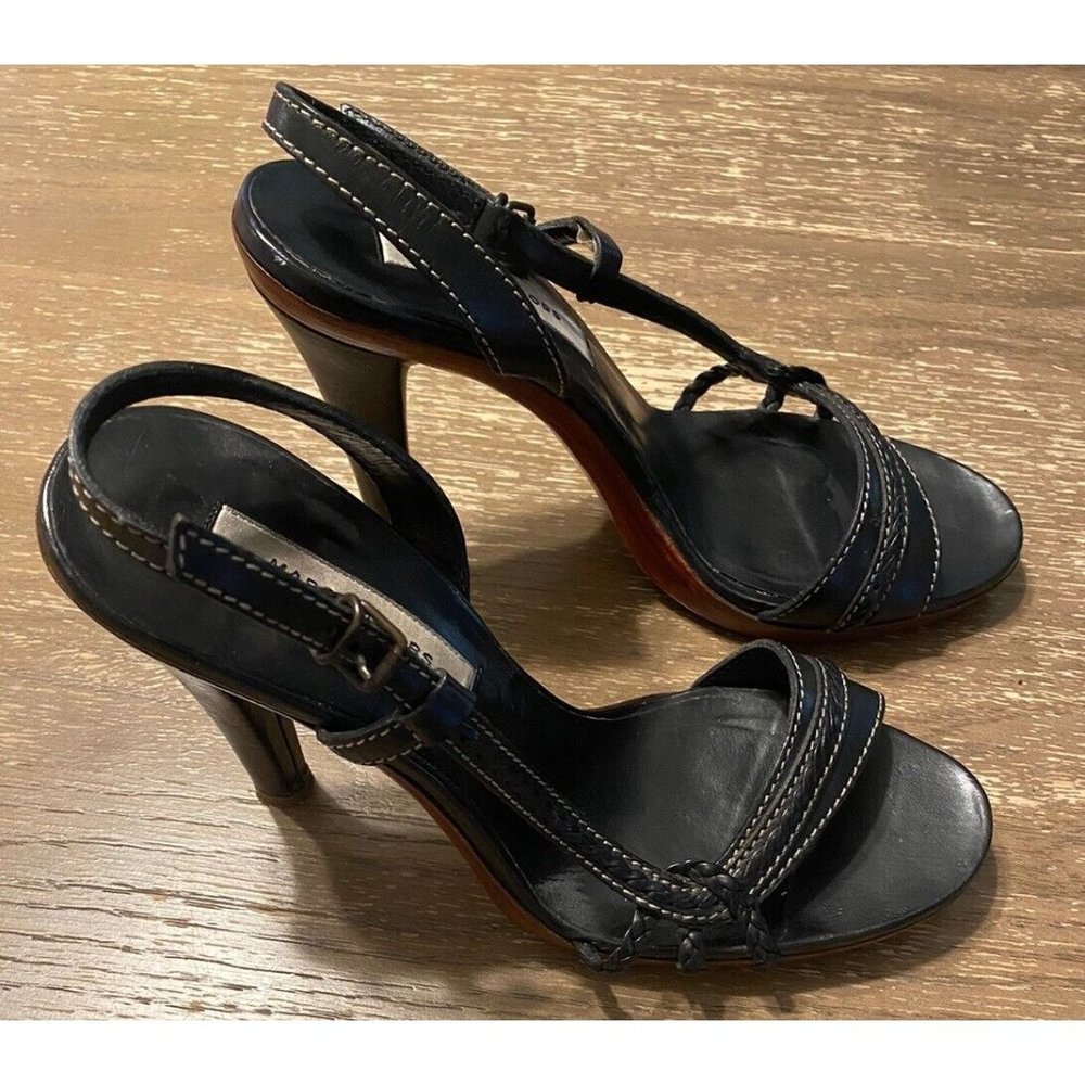 Marc Jacobs Open Toe Black Sling Back Leather White Top Stitch Heel Sz 39.5 VTG